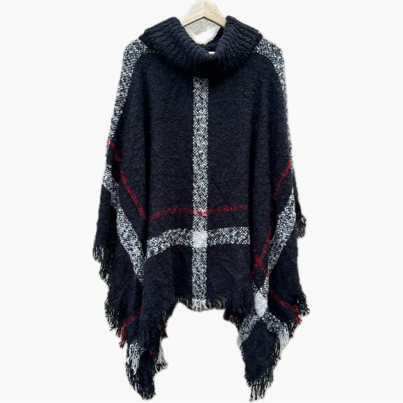Olivia Sky Plaid Cowl Neck Oversized Poncho with Fringe Sz L/XL - Picture 4 of 7